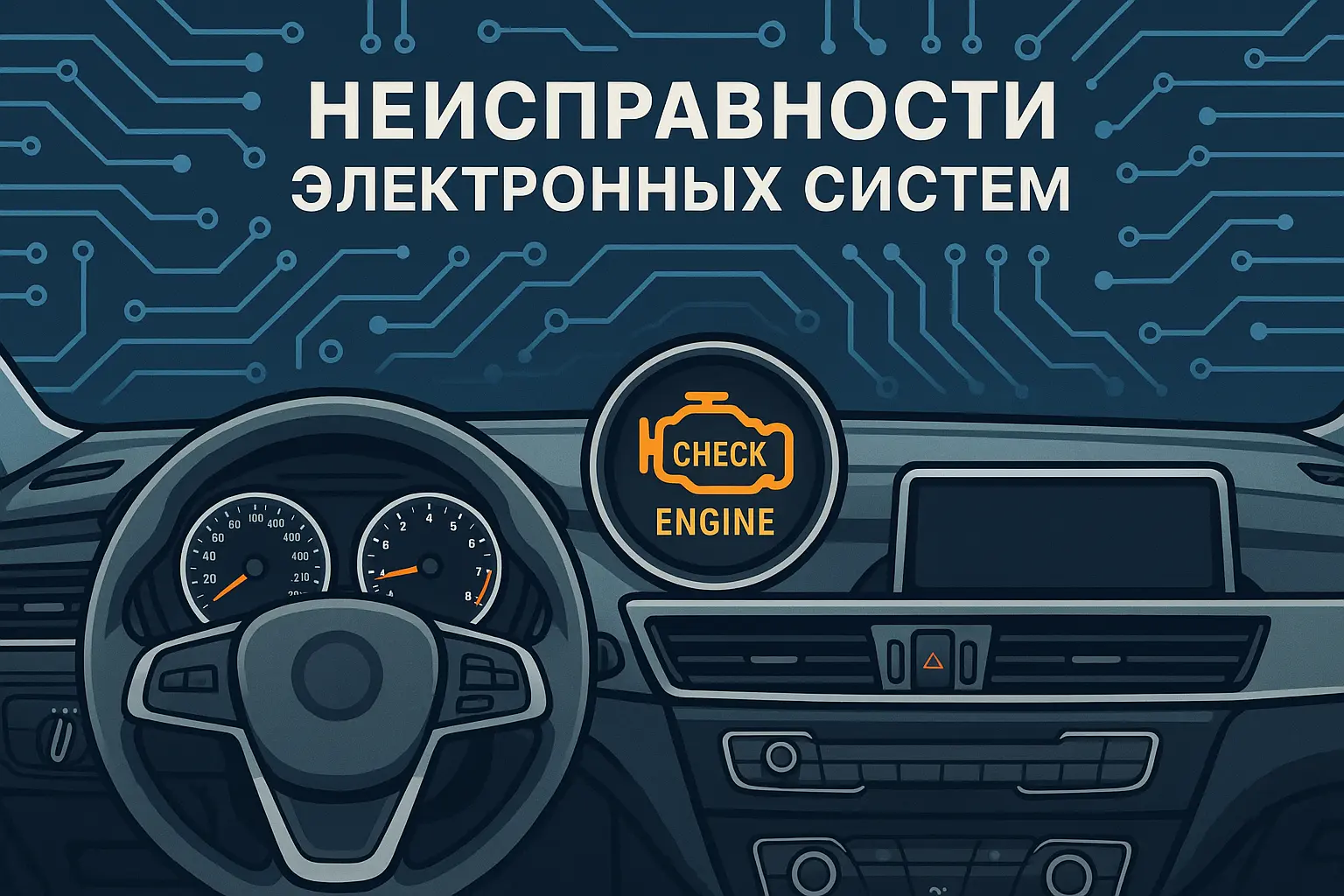Горизонтальная инфографика: современный автомобиль, панель приборов с индикатором Check Engine, надпись «Неисправности электронных систем» на русском.
