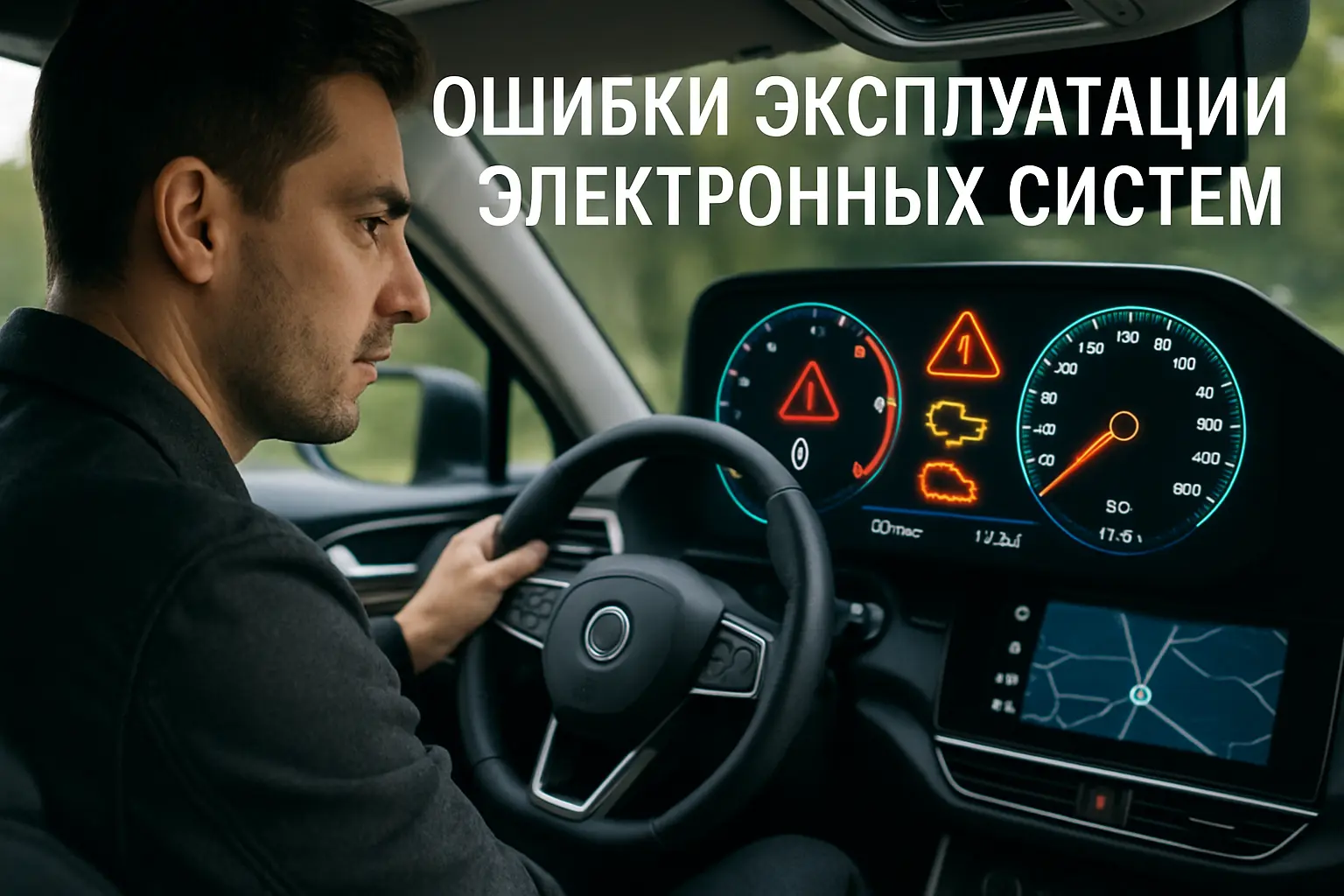 Реалистичное фото: водитель в современном автомобиле смотрит на электронную приборную панель с активными индикаторами ошибок, надпись «Ошибки эксплуатации электронных систем» на русском.