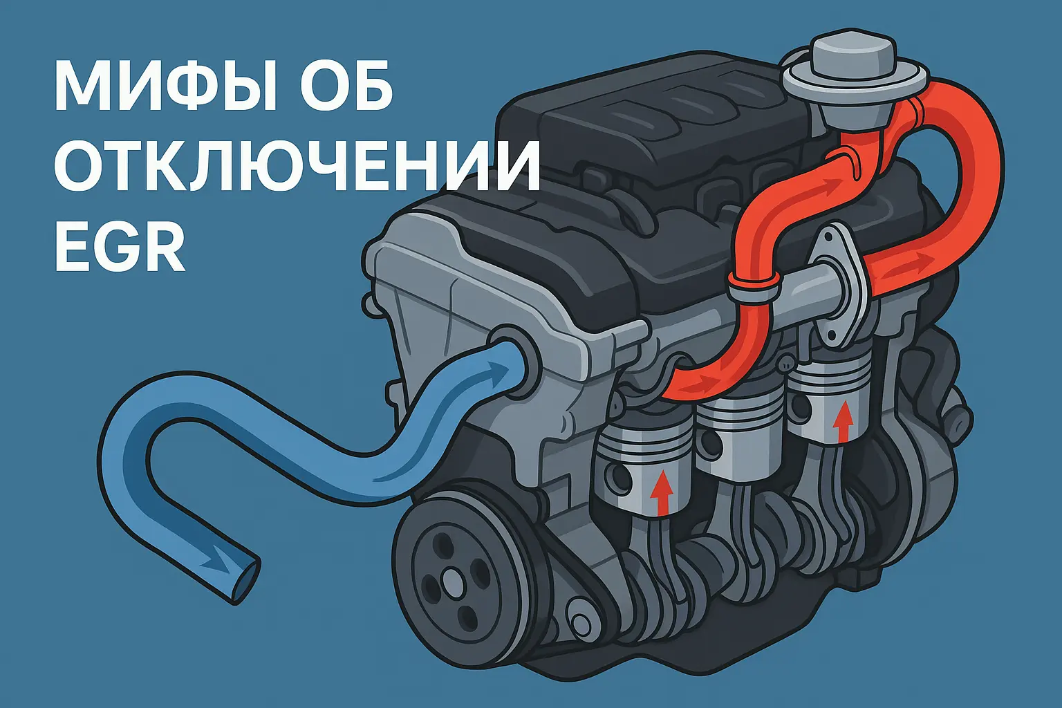 Горизонтальная инфографика: двигатель автомобиля с системой EGR, крупная надпись «Мифы об отключении EGR» на русском.
