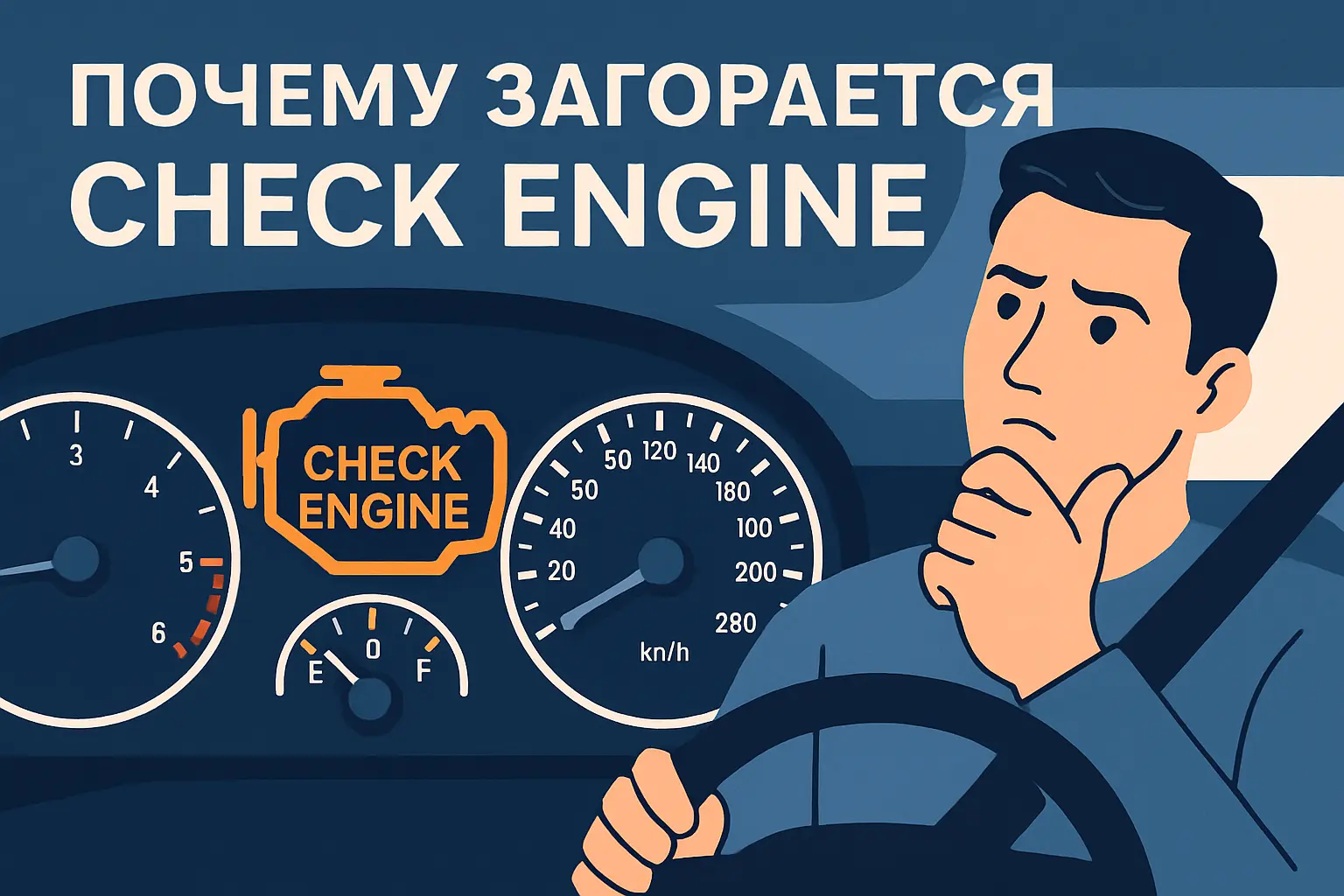 Горизонтальная инфографика: водитель смотрит на приборную панель автомобиля с горящим индикатором “Check Engine”, надпись «Почему загорается Check Engine» на русском.