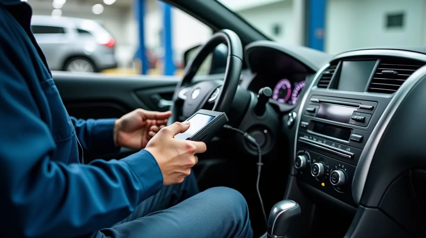 Автомеханик проводит компьютерную диагностику автомобиля с помощью сканера OBD-II на фоне современного автосервиса