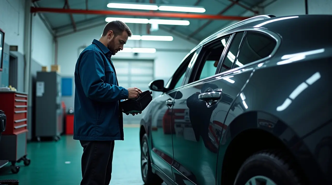 Автоэлектрик с диагностическим сканером проверяет электросистему подержанного автомобиля в современном автосервисе перед покупкой.