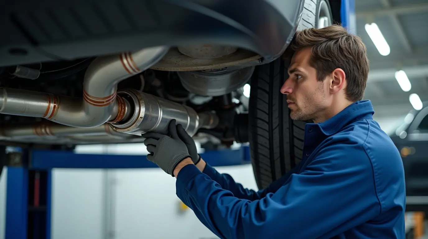 Автомеханик осматривает и обслуживает сажевый фильтр DPF (Diesel Particulate Filter) под дизельным автомобилем в автосервисе, горизонтальное фото, без надписей.