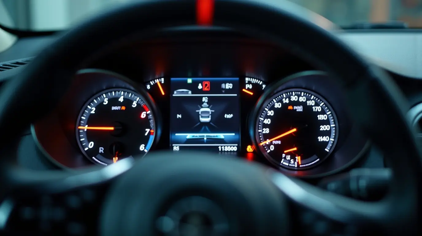 Панель приборов автомобиля с загоревшимися ошибками и лампочкой Check Engine, свидетельствующей о проблеме с датчиками