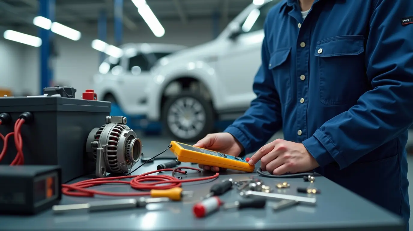 Диагностика генератора и аккумулятора автомобиля в автосервисе: электрик проверяет электрические компоненты мультиметром