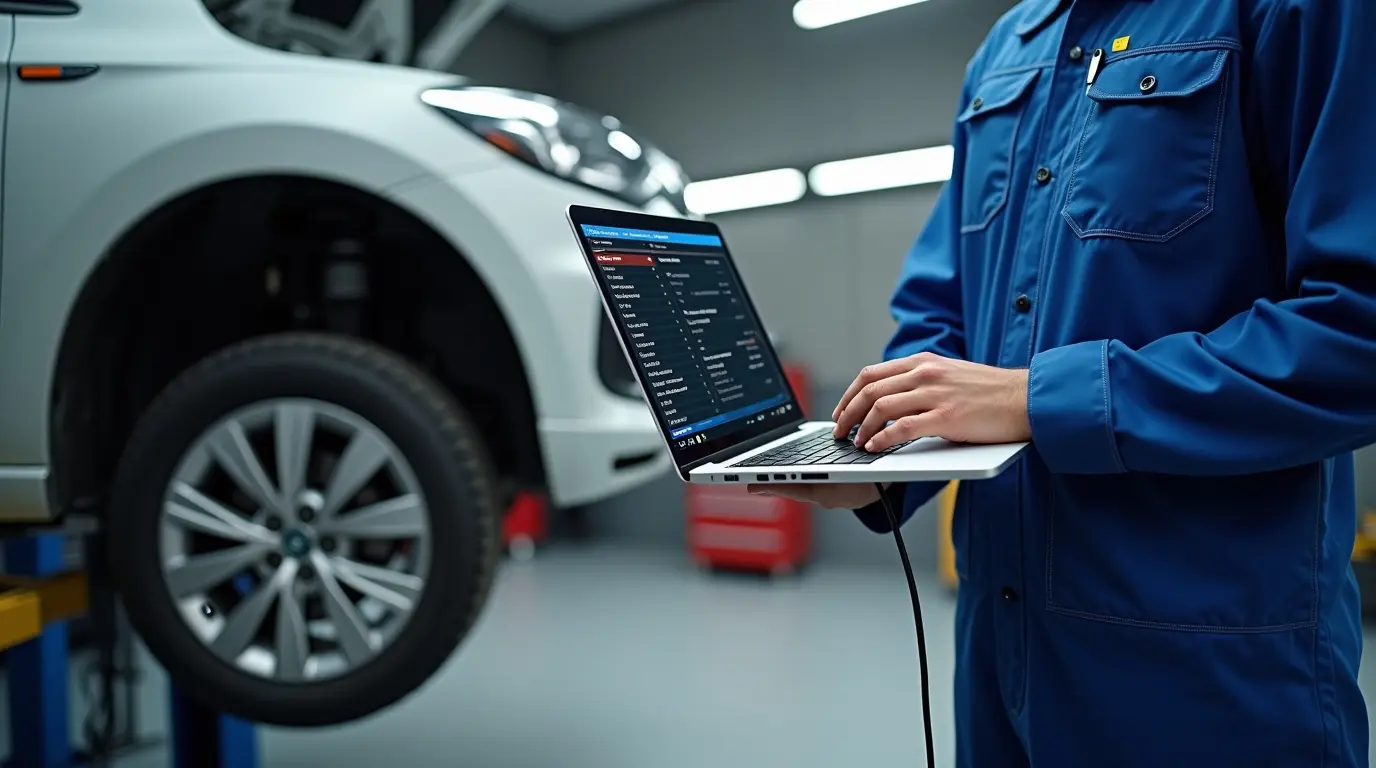 Механик в синем комбинезоне подключает ноутбук к автомобилю на подъёмнике для прошивки ЭБУ и перевода машины на стандарт Евро‑2