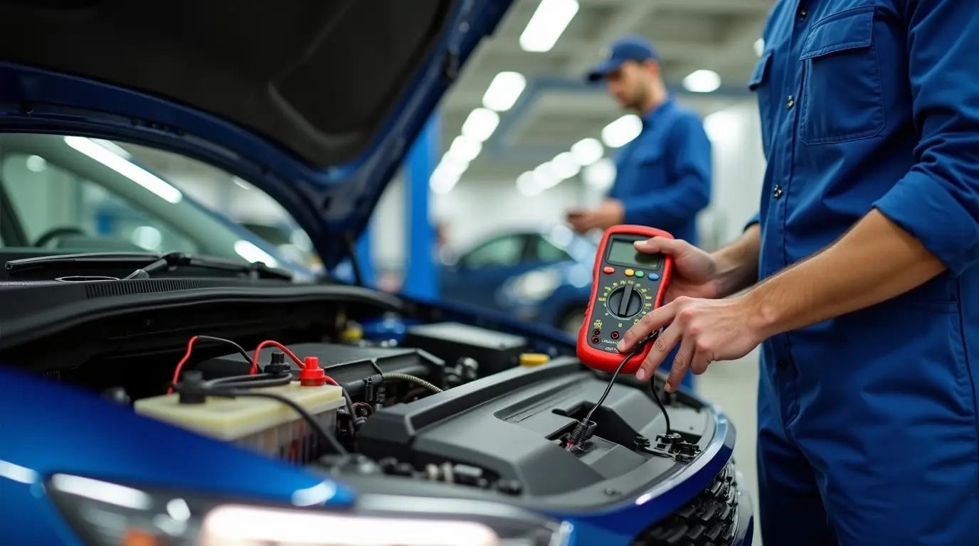 Автоэлектрик с мультиметром и диагностическим сканером проверяет под капотом автомобиль, который не заводится из‑за проблем по электрике