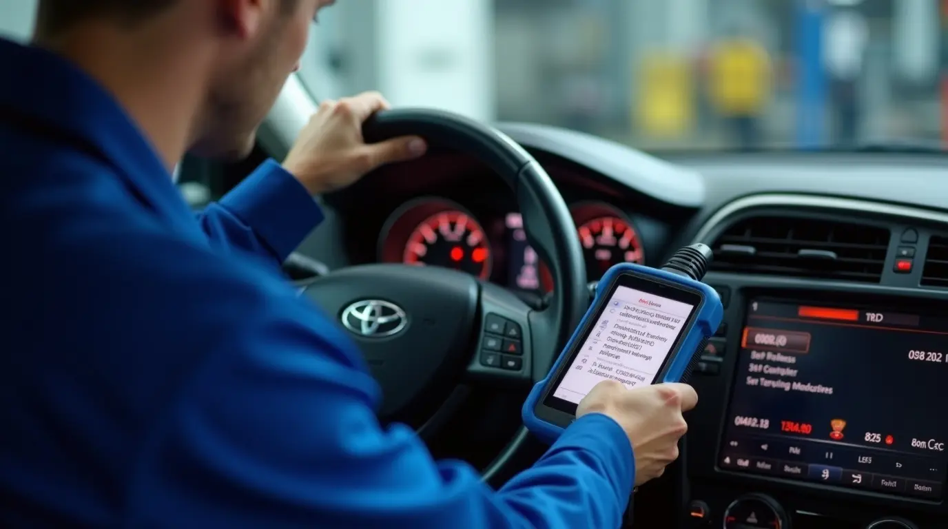 Автоэлектрик подключает OBD‑II сканер к разъёму автомобиля и смотрит коды ошибок Check Engine на экране