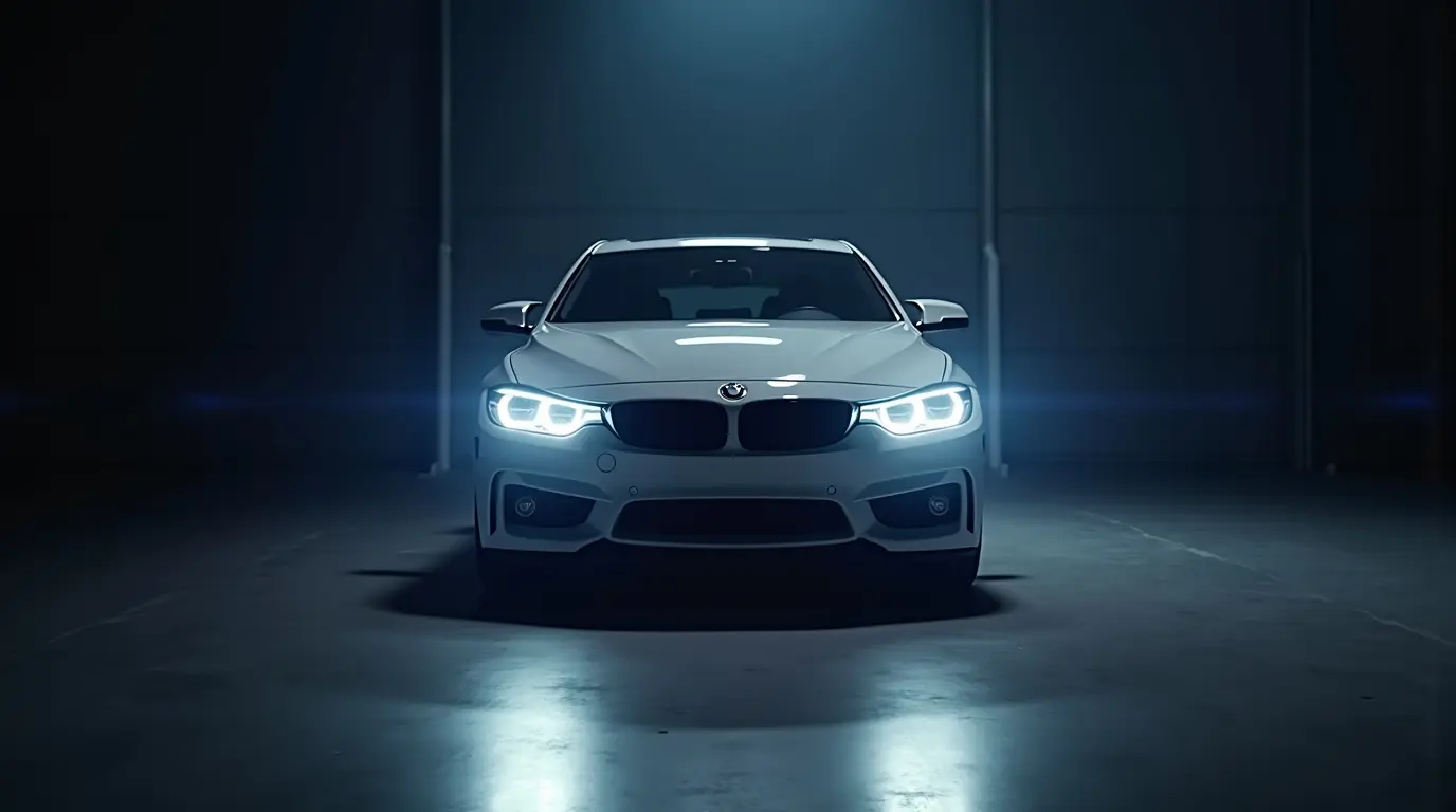 Современный автомобиль BMW с включенными LED фарами и дневными ходовыми огнями в подземном паркинге, демонстрирующий систему освещения