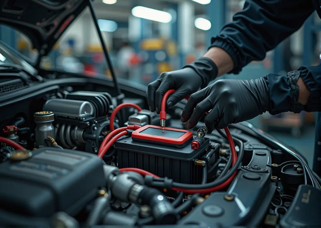 Механик проверяет аккумулятор и электропроводку под капотом автомобиля в автосервисе, диагностика системы пуска