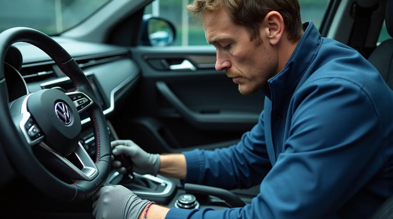 Техник в синей спецодежде устанавливает дополнительное электрооборудование в панель приборов автомобиля, подключение проводов и разъемов