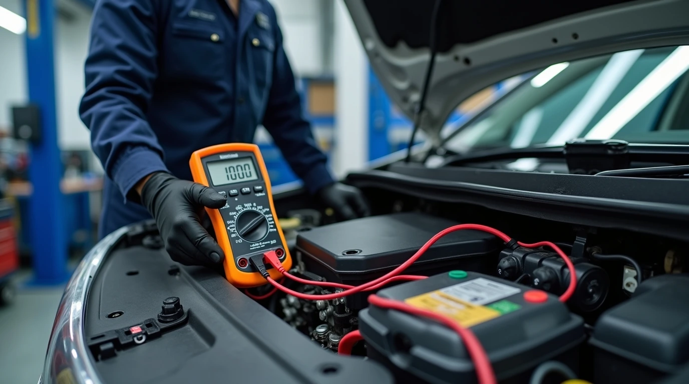 Механик с цифровым мультиметром измеряет утечку тока на аккумуляторе автомобиля под открытым капотом.