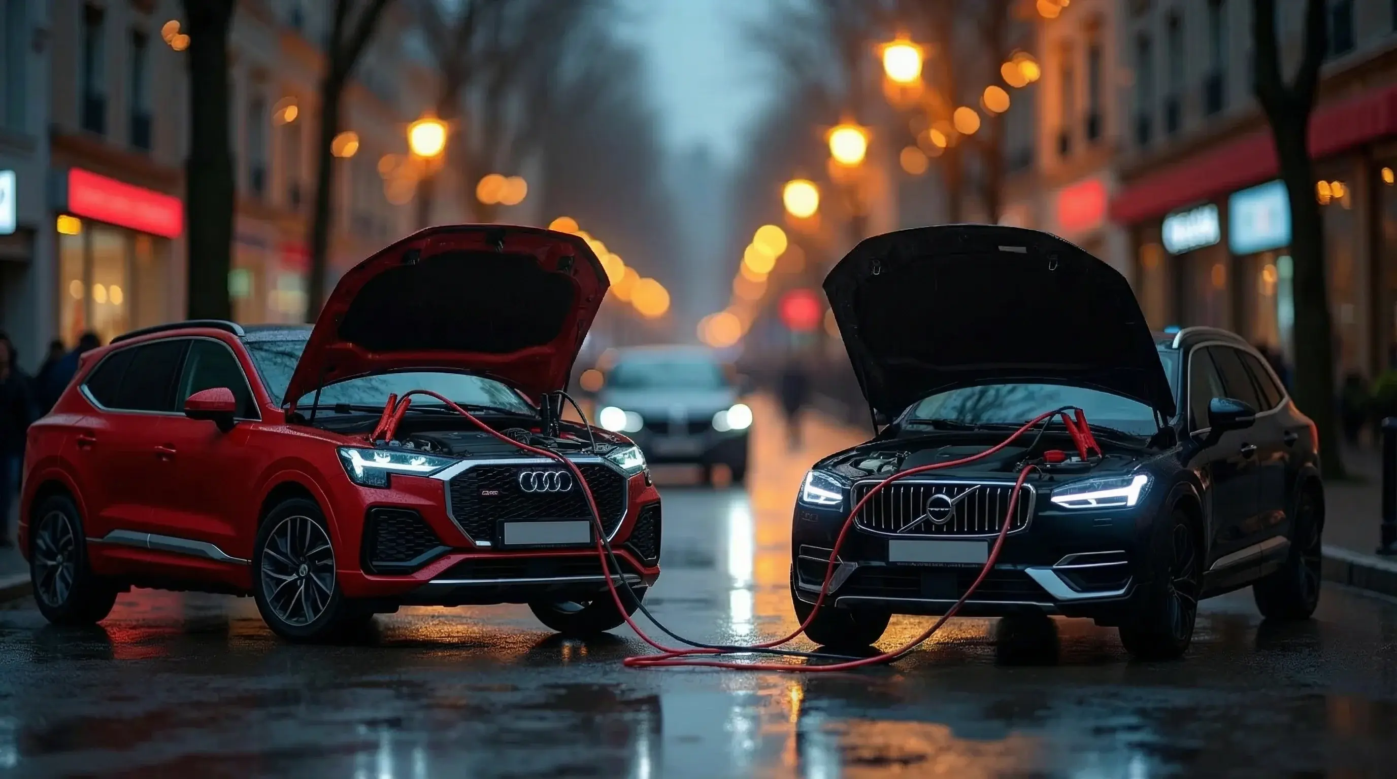 Красный Audi и черный Volvo с открытыми капотами подключены друг к другу проводами для прикуривания на мокрой городской улице вечером