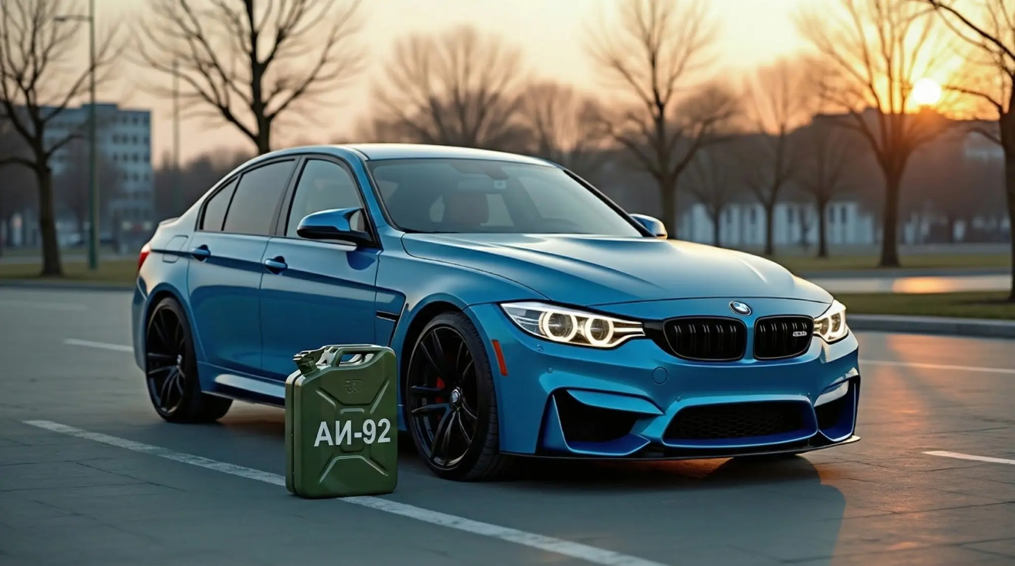 Синяя BMW M3 M4 Competition на закате у дороги с канистрой бензина АИ-92. Иллюстрация совместимости октанового числа 92 с чип-тюнингом.