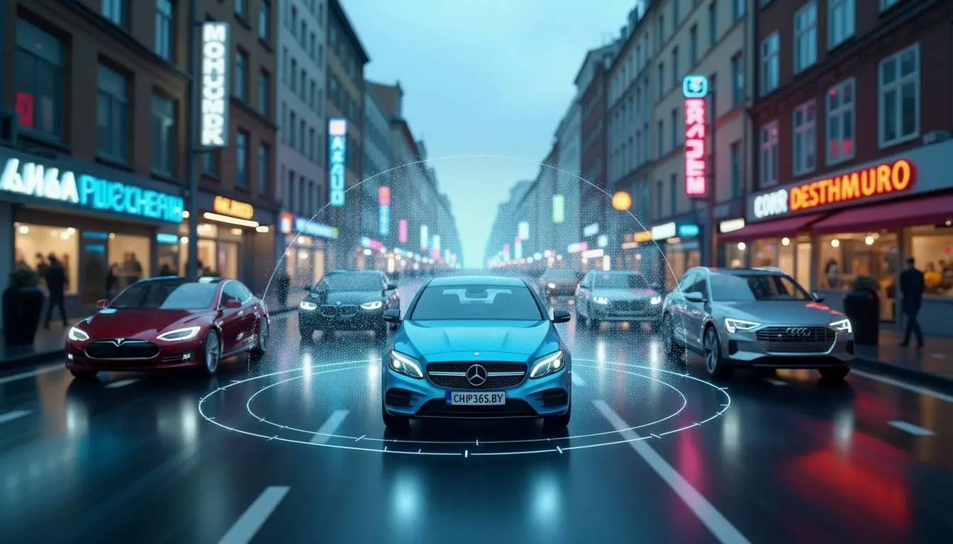 Mercedes C-Class с адаптивным круиз-контролем ACC в Минске на мокрой улице ночью среди Tesla и Audi