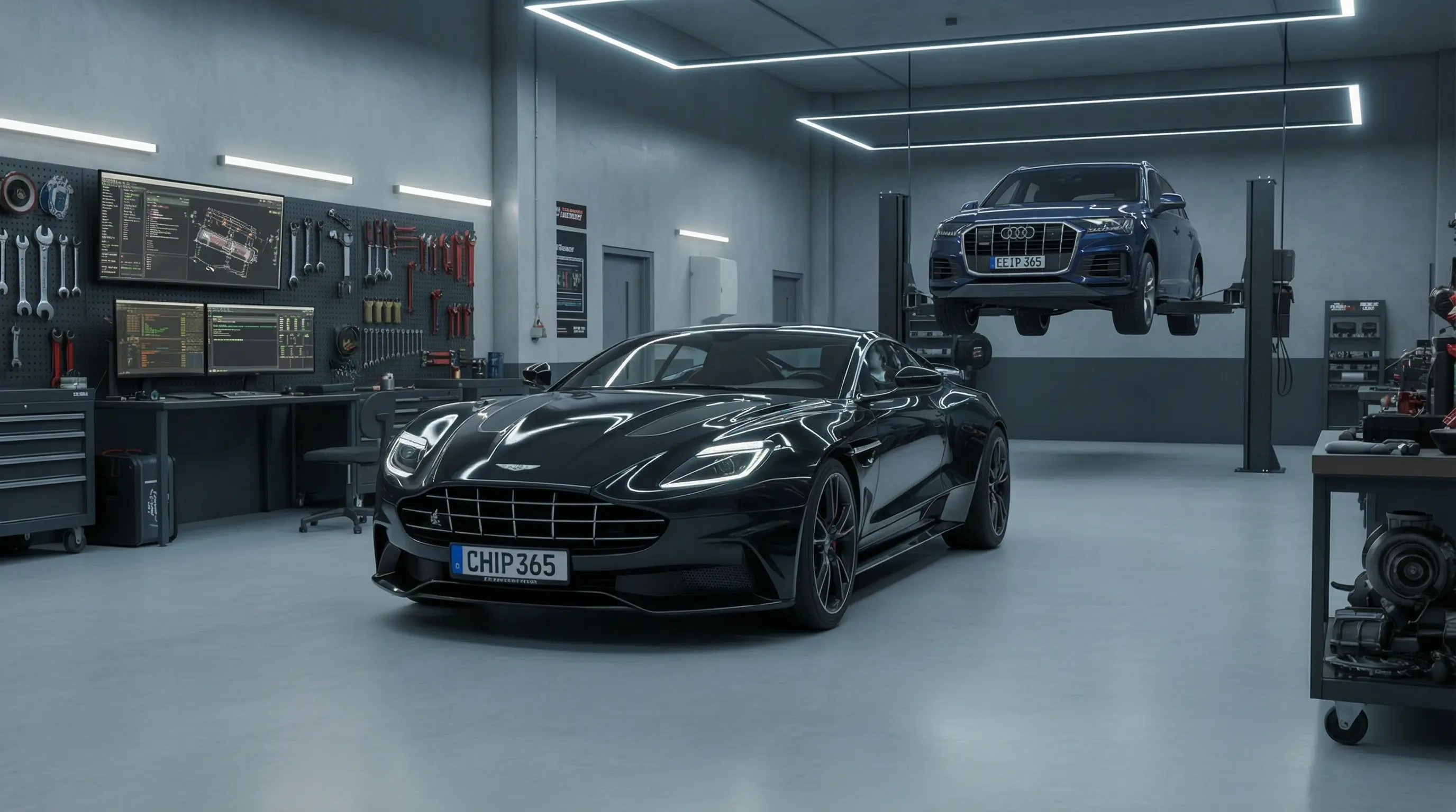 Чип-тюнинг в автосервисе: Aston Martin на диагностике впуска, Audi на подъёмнике, контроль температуры воздуха