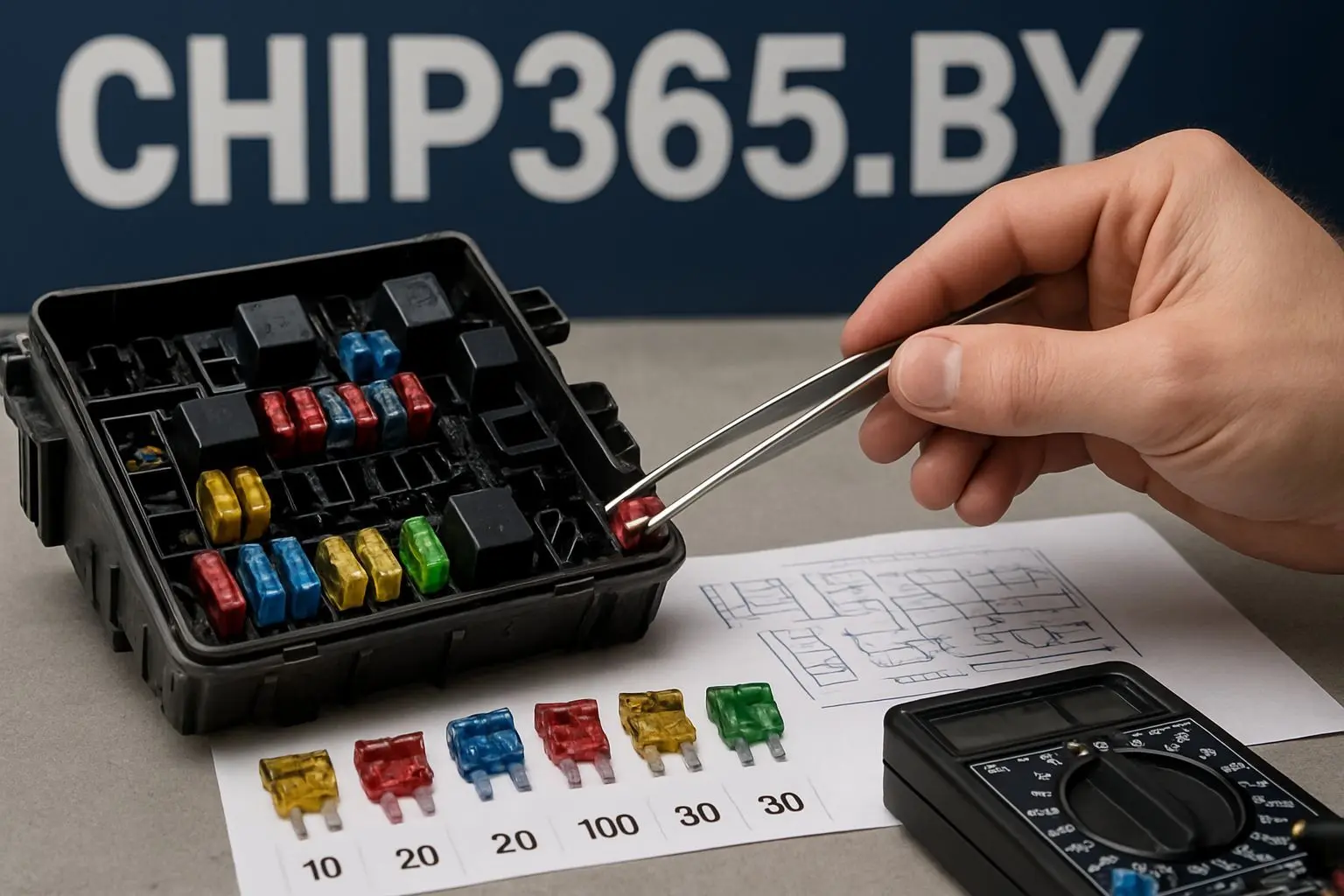 Диагностика автомобильных предохранителей с использованием пинцета, схемы и мультиметра в сервисном центре CHIP365.BY: проверка и замена защитных элементов электрической системы