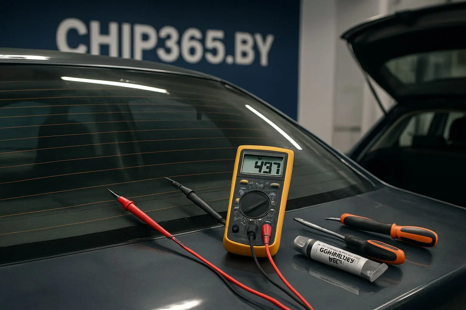 Диагностика обогрева заднего стекла автомобиля мультиметром: измерение сопротивления нагревательных нитей в сервисном центре CHIP365.BY