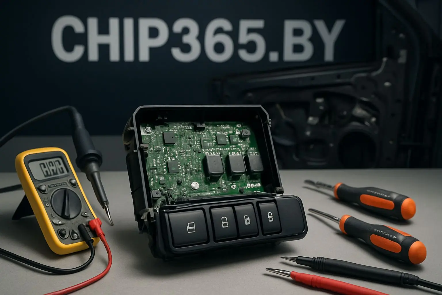 Диагностика электронного блока управления стеклоподъёмниками с помощью мультиметра в сервисном центре CHIP365.BY: открытый корпус, печатная плата и кнопки управления