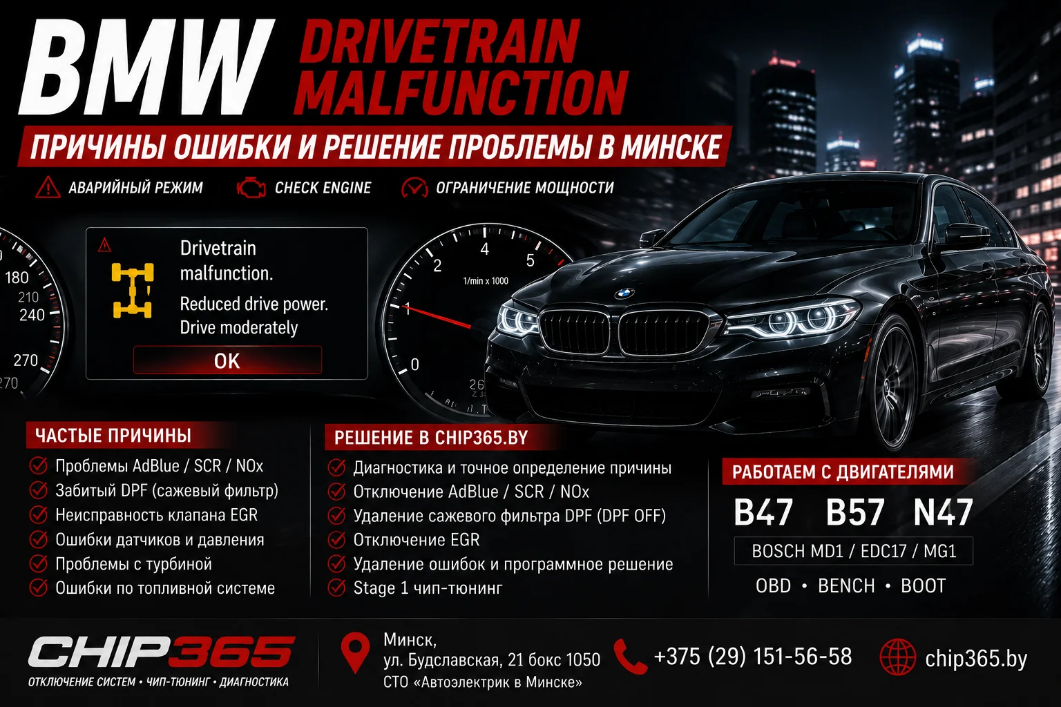 BMW Drivetrain Malfunction — отключение AdBlue, DPF и диагностика BMW в Минске