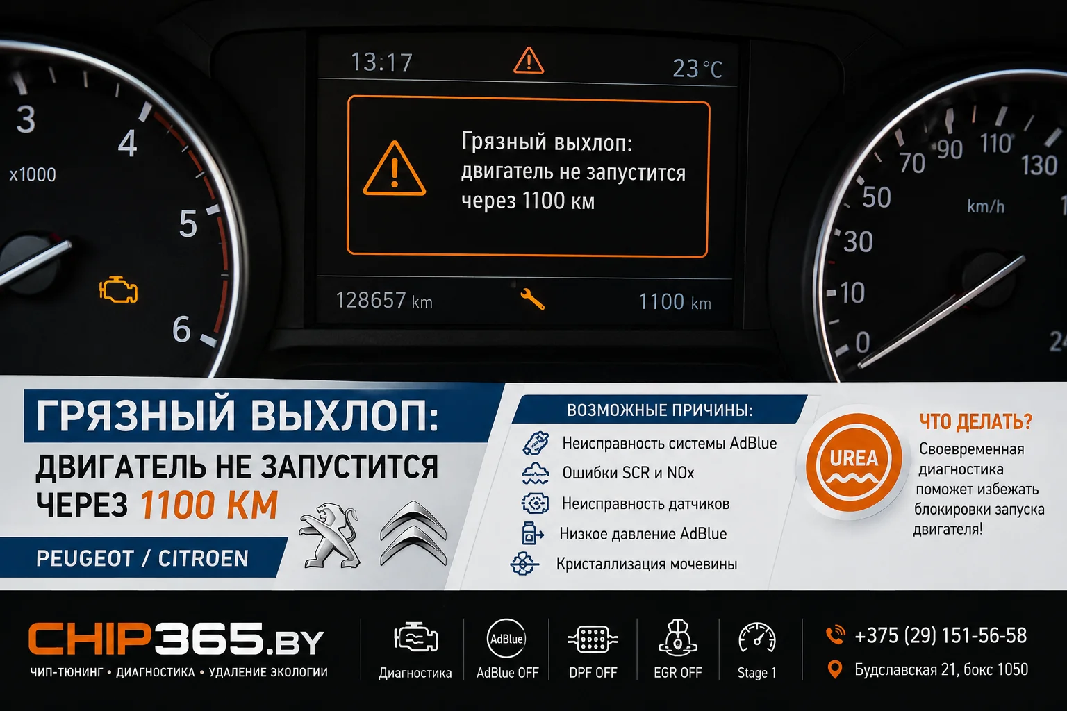 Грязный выхлоп двигатель не запустится через 1100 км Peugeot Citroen AdBlue SCR