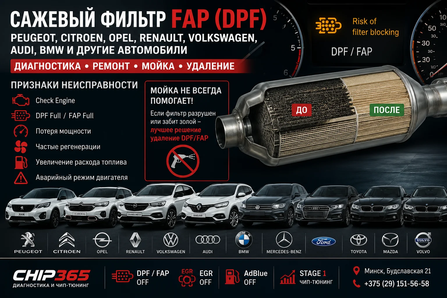 Удаление сажевого фильтра FAP DPF Peugeot Citroen Opel Renault Volkswagen Audi BMW в Минске